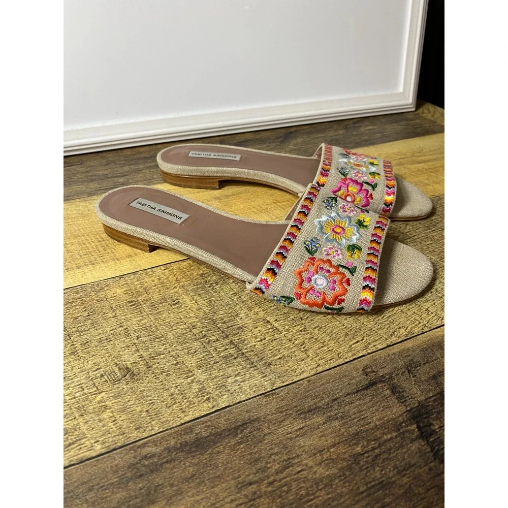 Tabitha Simmons Embroidered Floral‎ Flat Mule Sandals Eur 36/US 5.5 Slip On